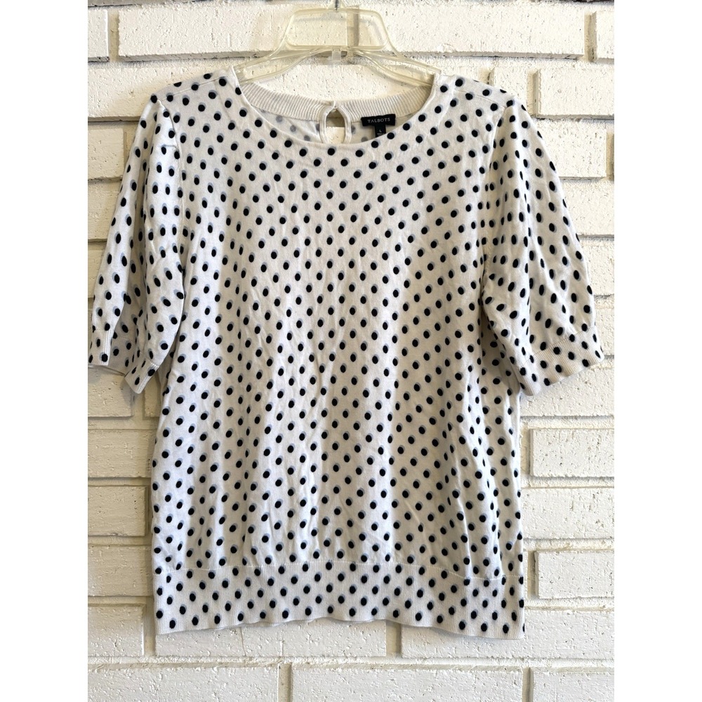 Talbots Polka Dot Puff Sleeve Sweater White Blue Scoop Neck Pullover Sz Large